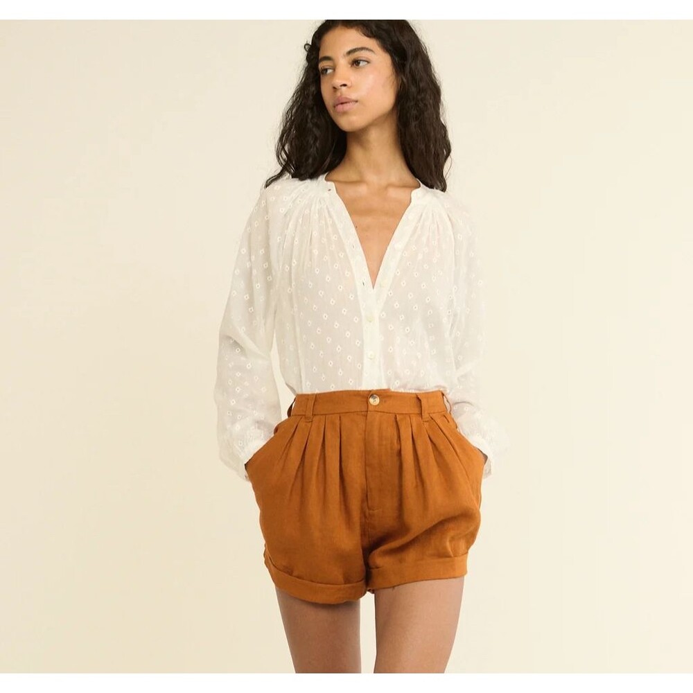 Doen Women's Paige Pleated High Waist Linen Shorts size 8 Sedona Rust Orange